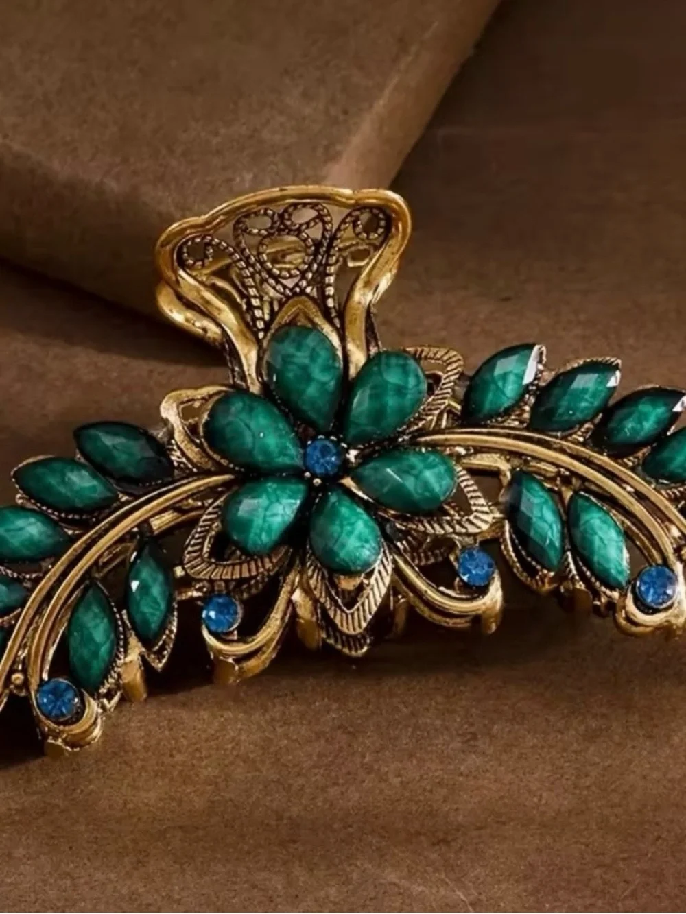 Gold-Tone Floral Hair Clip with Imitation Turquoise Stones